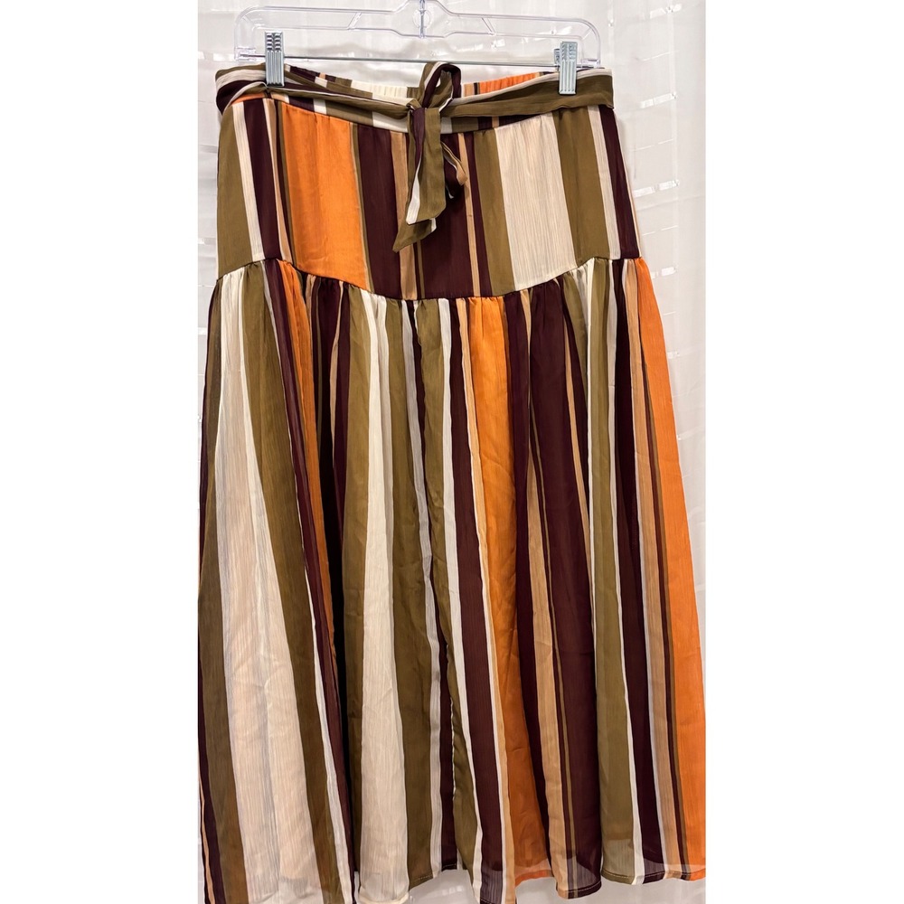Cato Striped Tiered Midi Skirt Orange Brown Boho Tie Waist Womens Size Medium